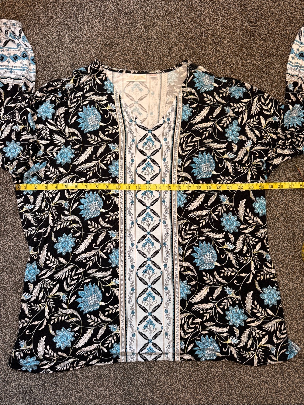 Belle by Kim Gravel Floral Boho Boarder Print Tunic Blouse Black Blue Size 2X - Picture 8 of 11